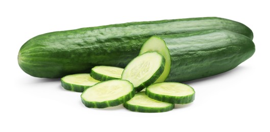 Photo of Whole and cut long cucumbers isolated on white