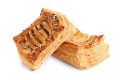 Photo of Fresh tasty puff pastry on white background