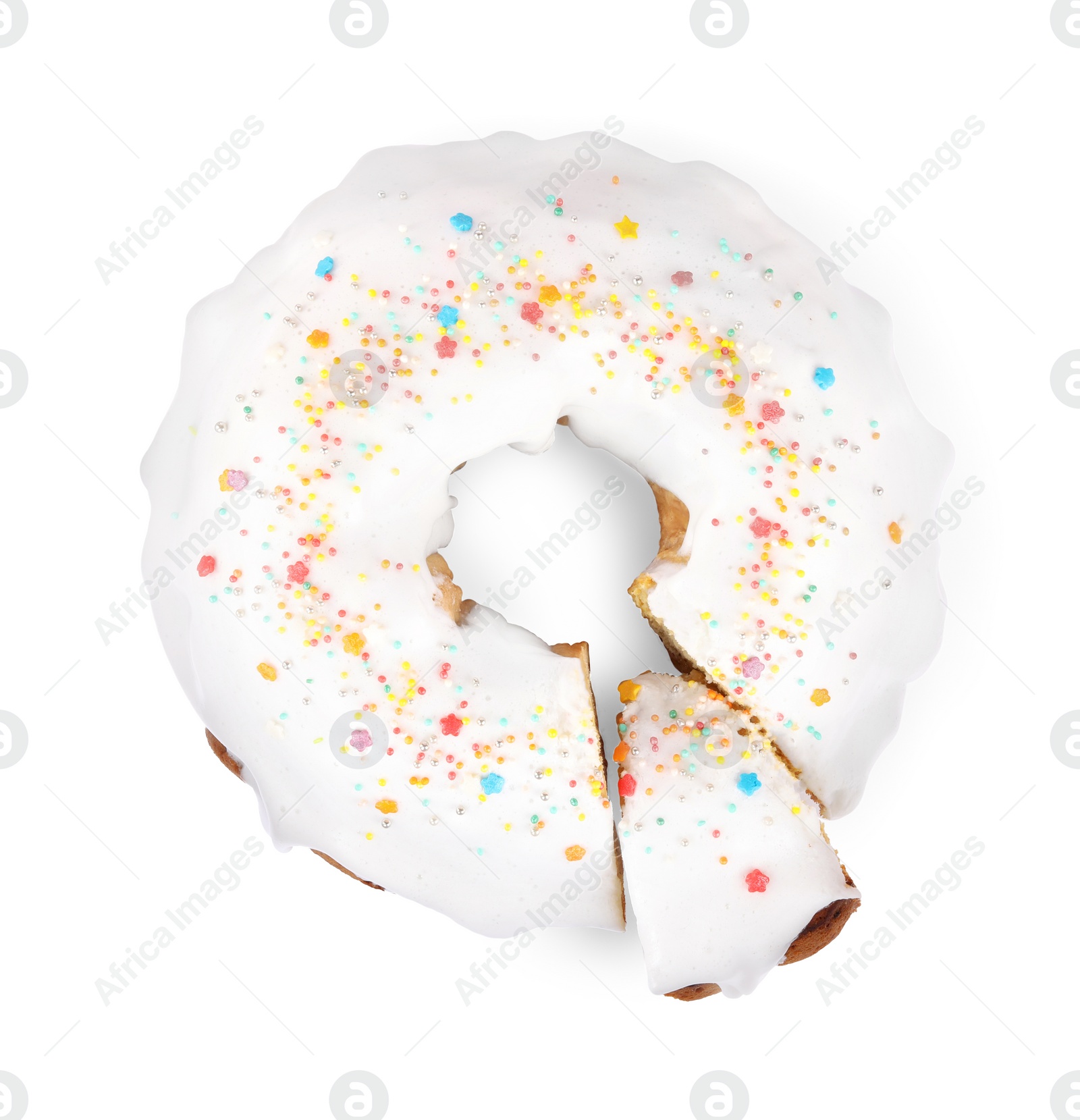 Photo of Traditional Easter cake with sprinkles on white background, top view