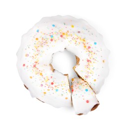 Photo of Traditional Easter cake with sprinkles on white background, top view