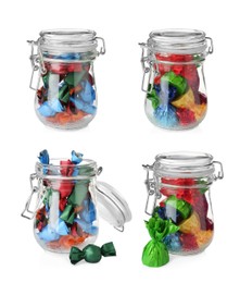 Glass jars full of tasty candies in colorful wrappers on white background, collage 