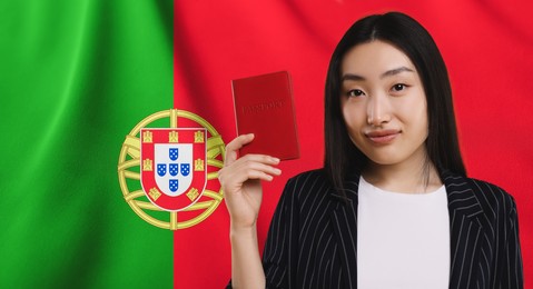 Immigration. Woman with passport against national flag of Portugal, space for text. Banner design