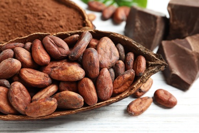 Cocoa pod of beans on white wooden table, closeup