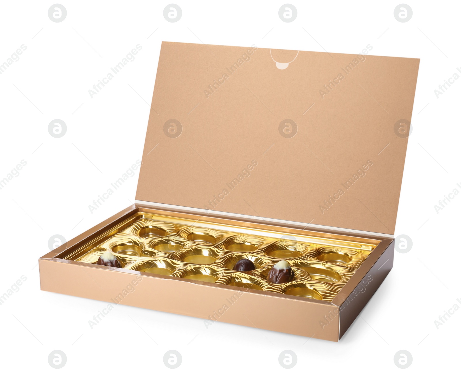 Photo of Partially empty box of chocolate candies isolated on white