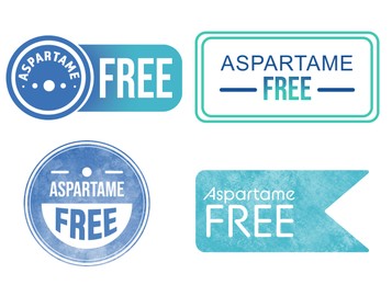 Illustration of Aspartame Free labels, set on white background. Different tags for products without this harmful artificial sweetener