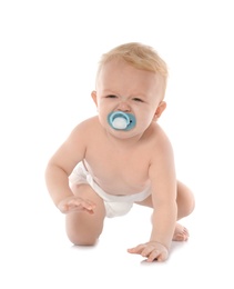 Photo of Cute little baby crawling on white background