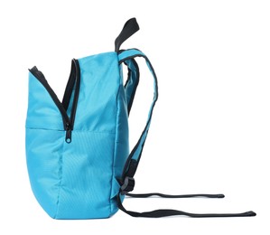 Photo of Stylish light blue backpack on white background