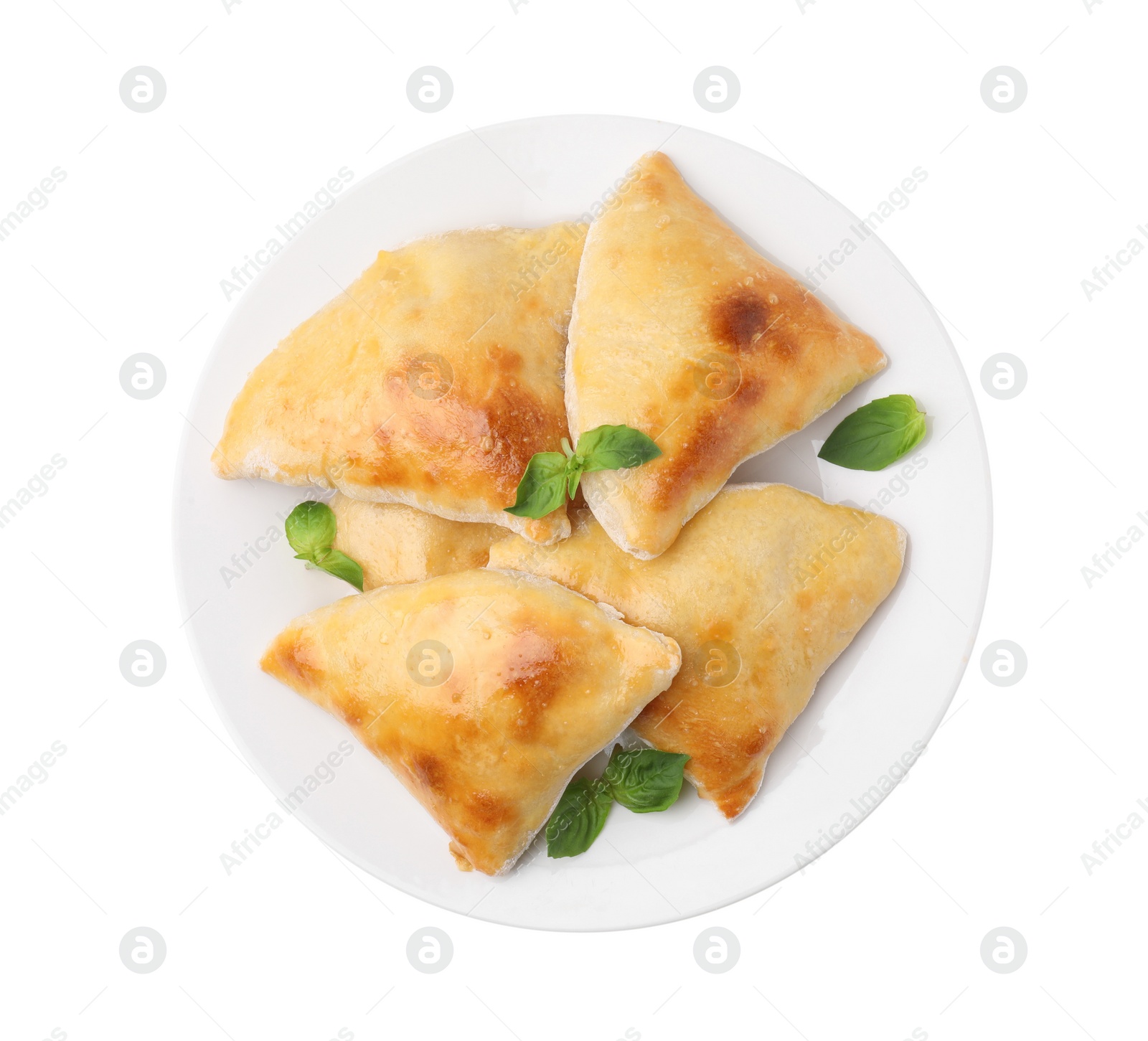 Photo of Delicious samosas and basil isolated on white, top view