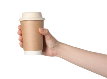 Woman holding paper cup of tasty drink on white background. Coffee to go