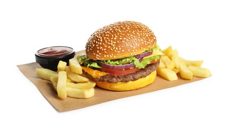 Photo of Burger with delicious patty, french fries and sauce isolated on white