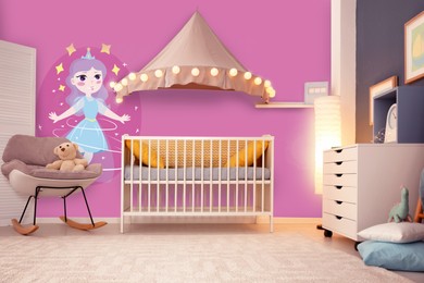 Image of Baby room interior with crib and other furniture. Pink wallpapers with princess