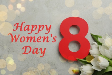 Image of 8 March greeting card design with tulips on grey background, flat lay. Happy Women's Day