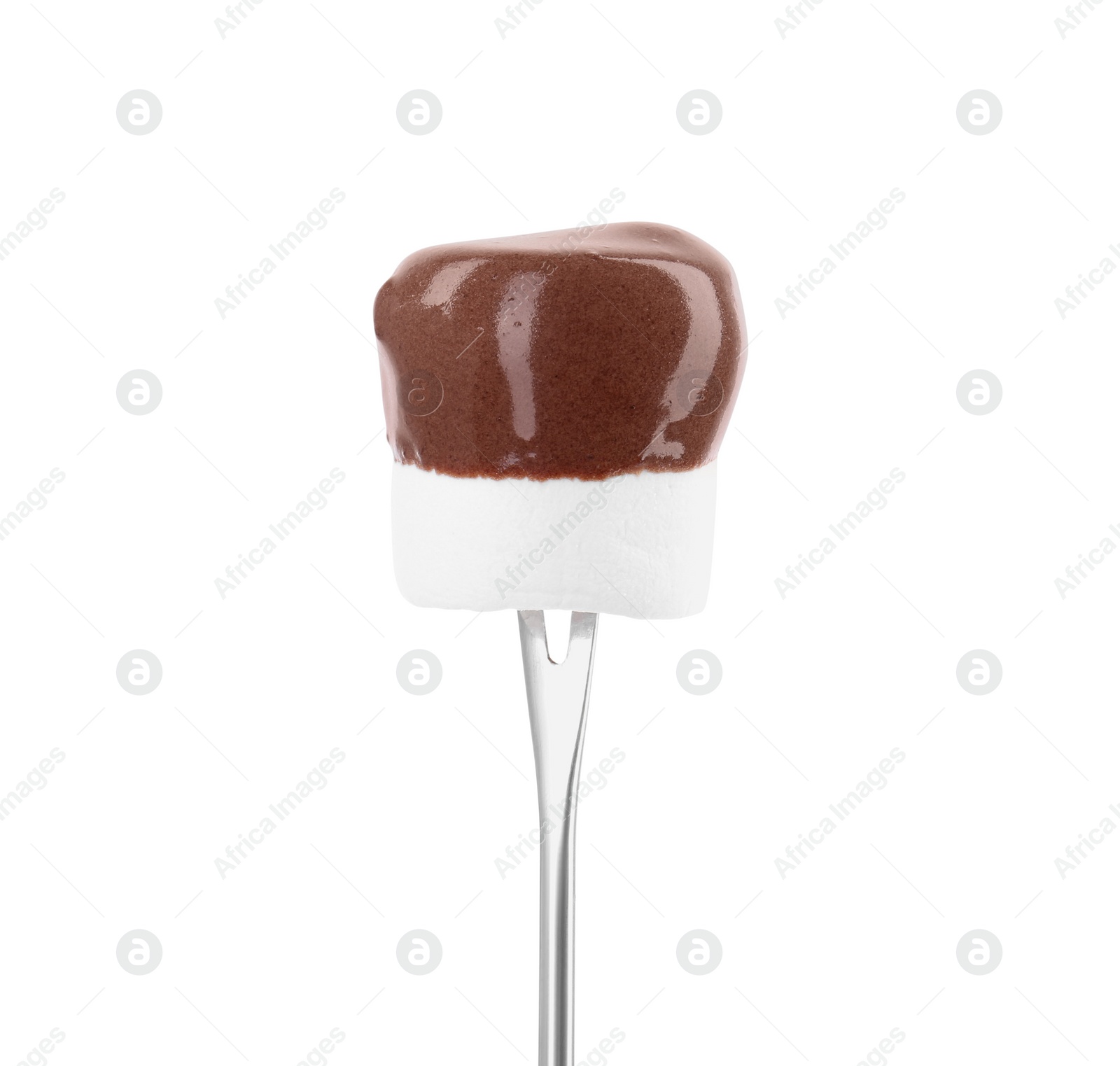 Photo of Marshmallow with melted chocolate on fondue fork against white background