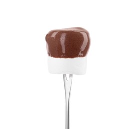 Photo of Marshmallow with melted chocolate on fondue fork against white background