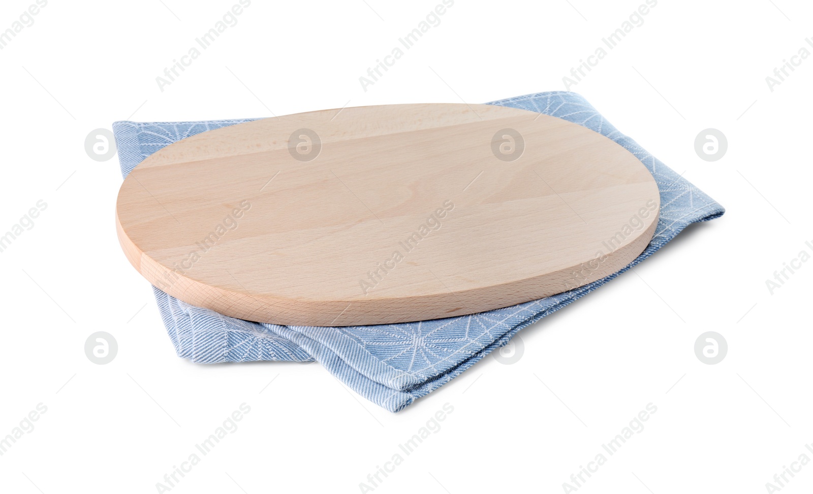 Photo of Wooden cutting board and kitchen towel isolated on white