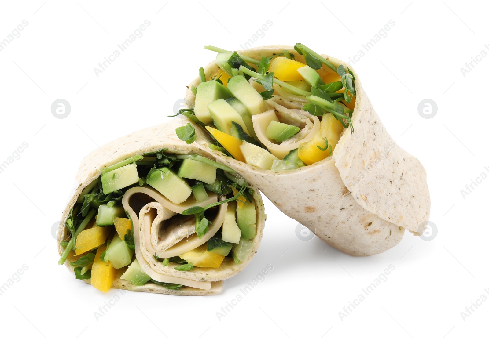 Photo of Delicious sandwich wraps with fresh vegetables isolated on white