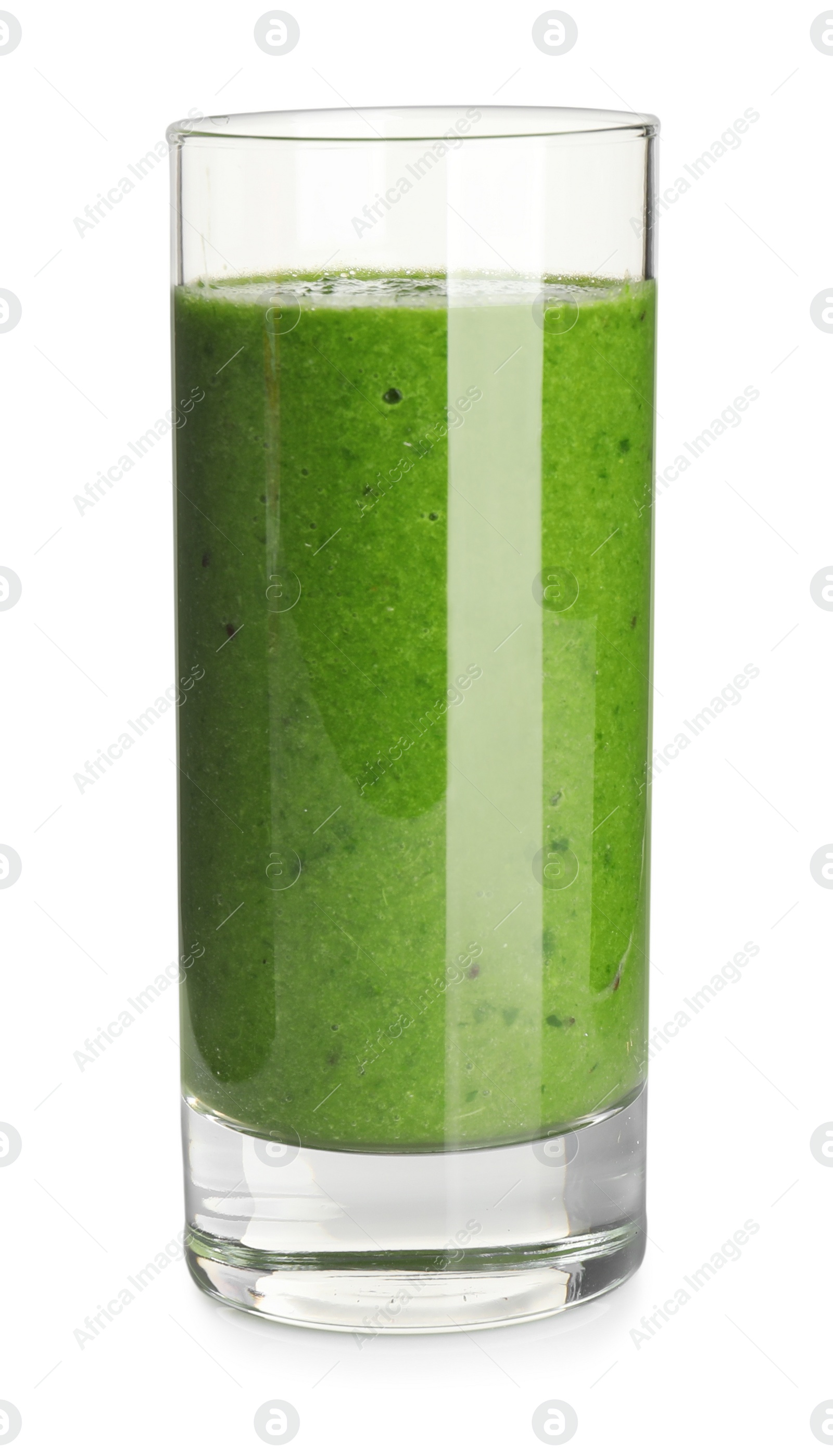 Photo of Fresh green juice in glass isolated on white