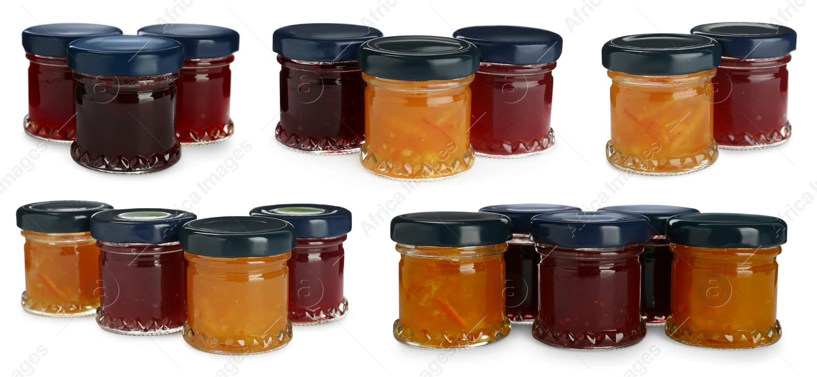 Image of Set with jars of different tasty jam on white background. Banner design 