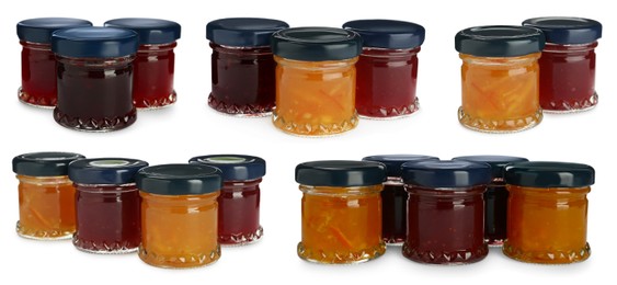 Image of Set with jars of different tasty jam on white background. Banner design 