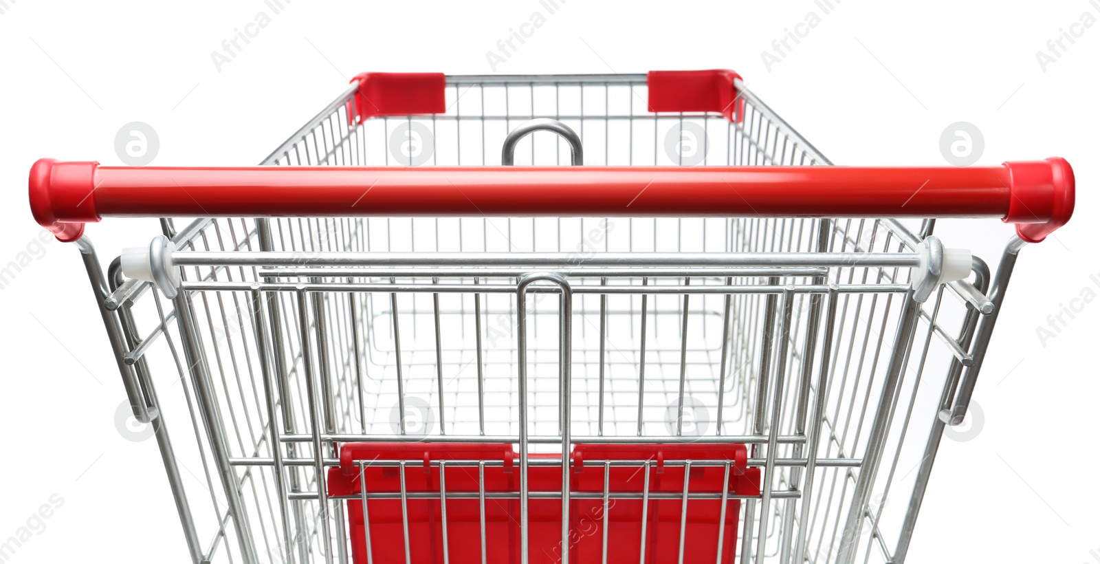 Photo of Empty shopping trolley isolated on white, closeup