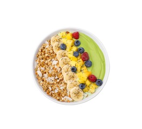 Tasty matcha smoothie bowl served with fresh fruits and oatmeal isolated on white, top view. Healthy breakfast
