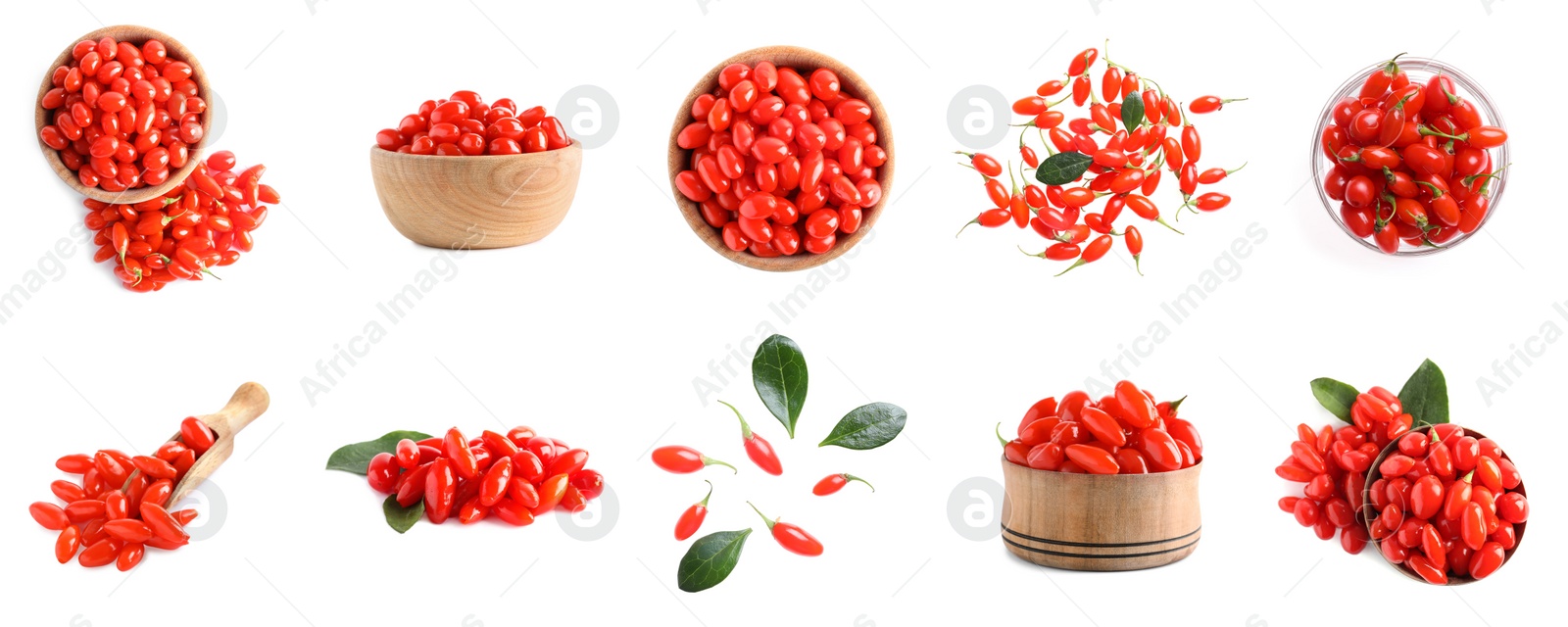 Image of Set of fresh goji berries on white background. Banner design