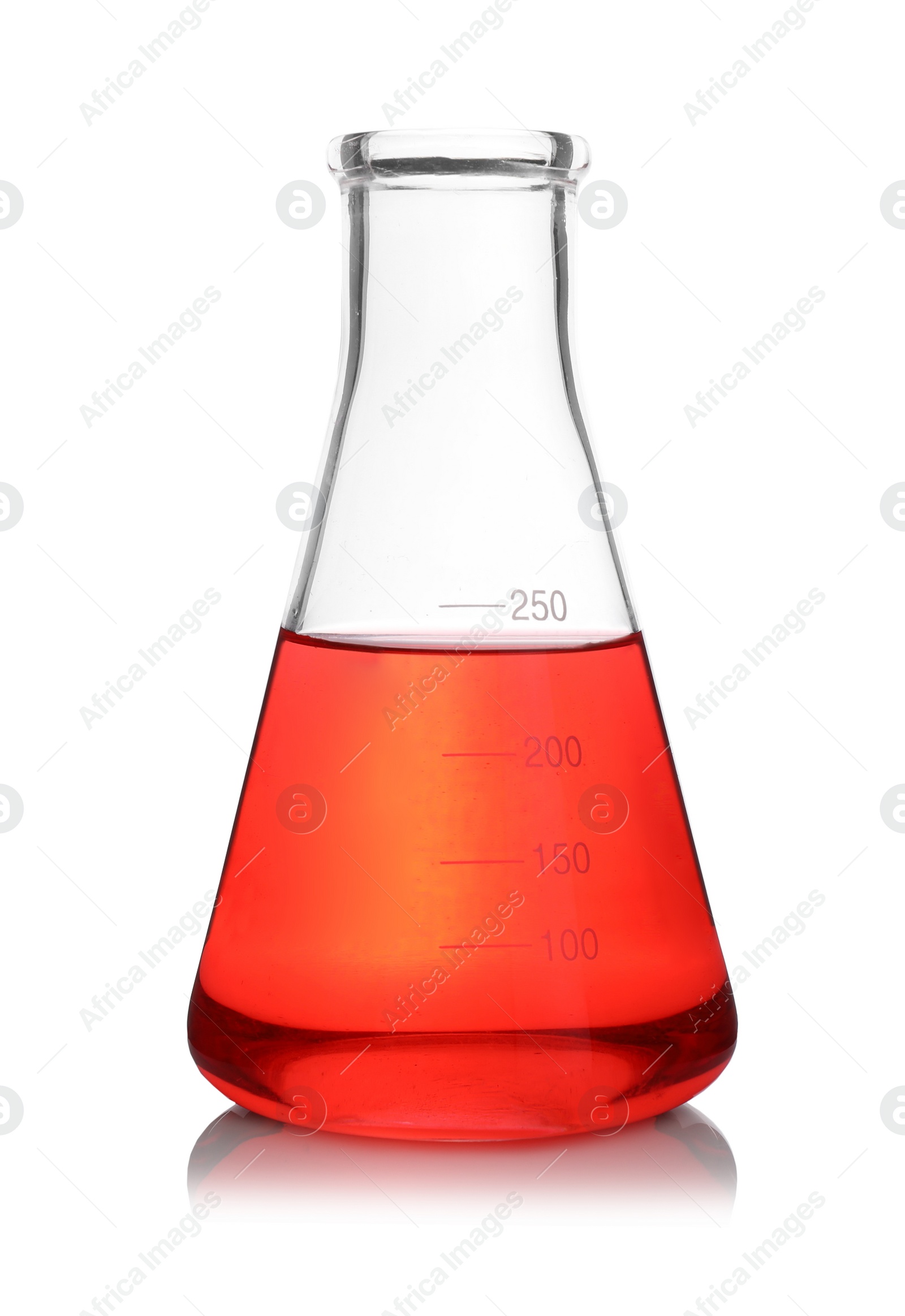 Photo of Conical flask with red sample isolated on white