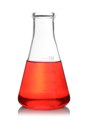 Photo of Conical flask with red sample isolated on white