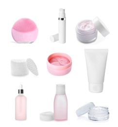 Image of Set with different cosmetic products on white background