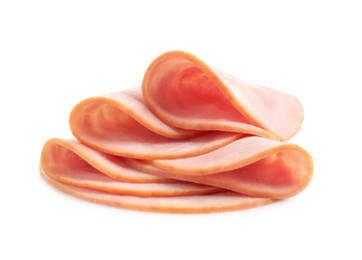 Photo of Slices of tasty fresh ham isolated on white