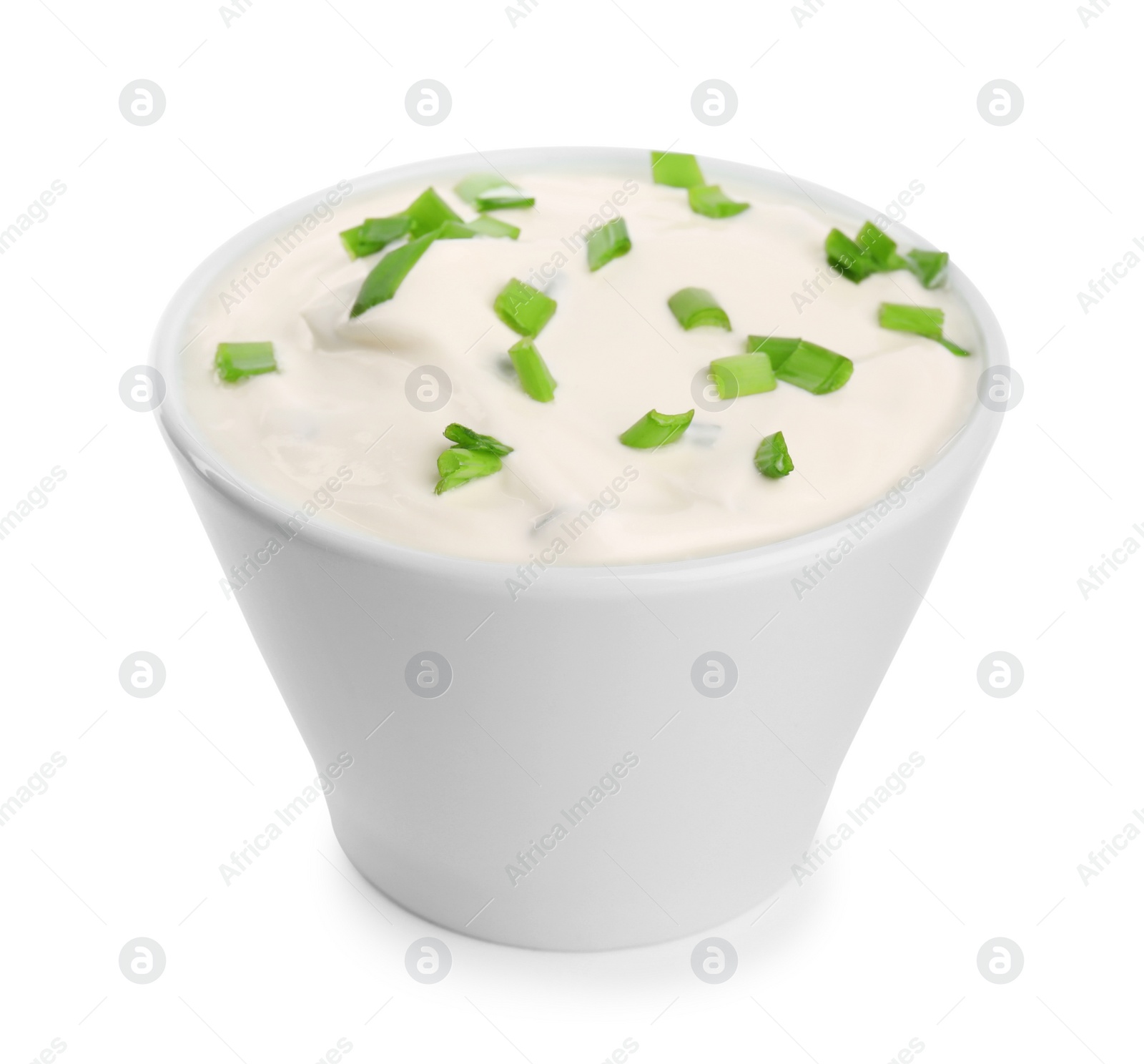 Photo of Fresh sour cream with onion on white background