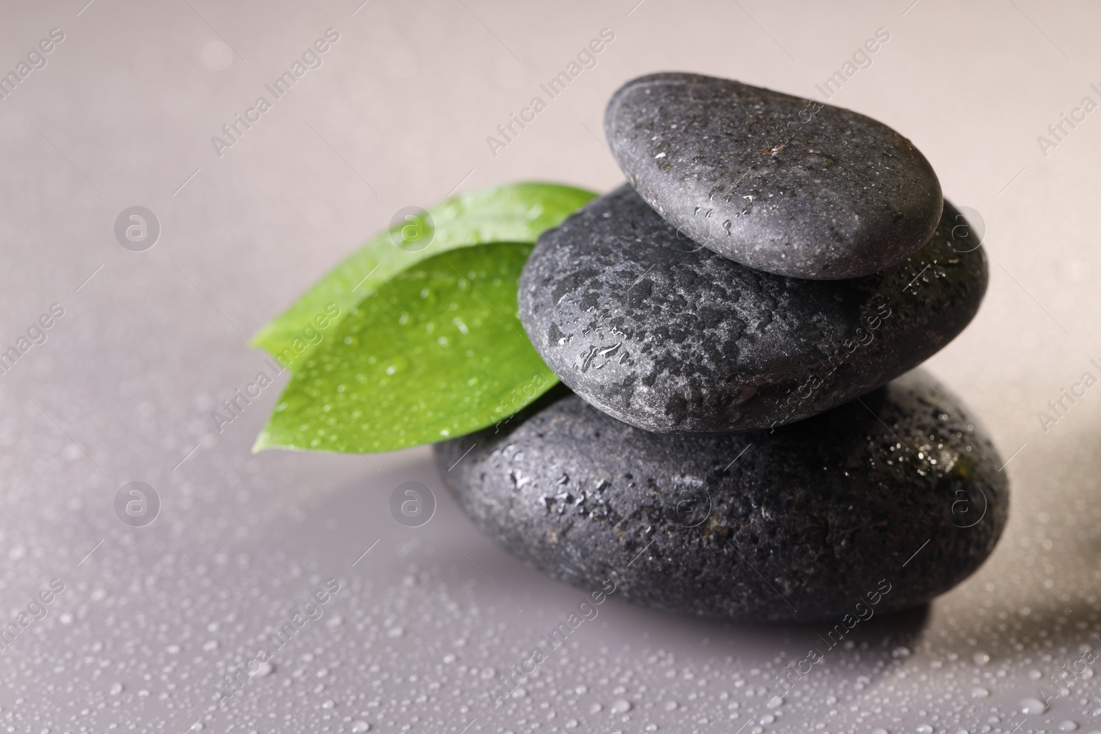 Photo of Wet spa stones and green leaves on grey background