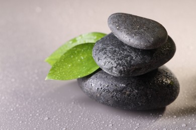 Photo of Wet spa stones and green leaves on grey background