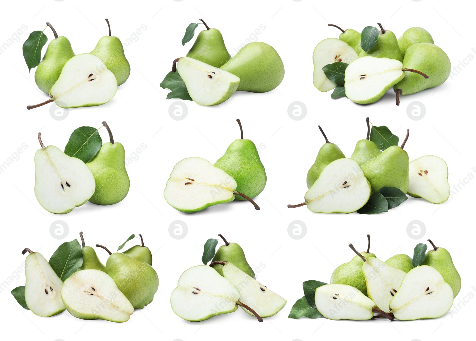 Image of Set with tasty ripe pears on white background