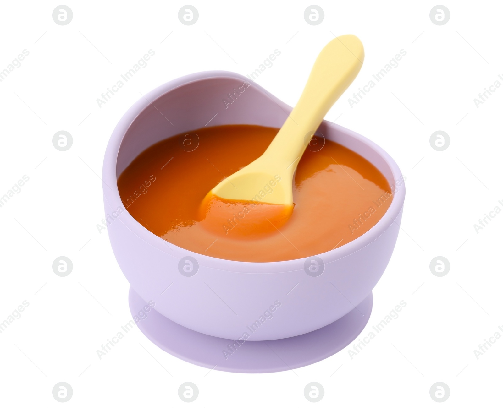 Photo of Healthy baby food in bowl on white background