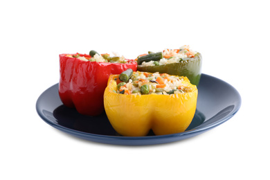 Photo of Tasty stuffed bell peppers isolated on white