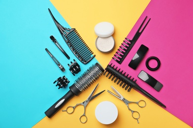 Professional hairdresser set on color background