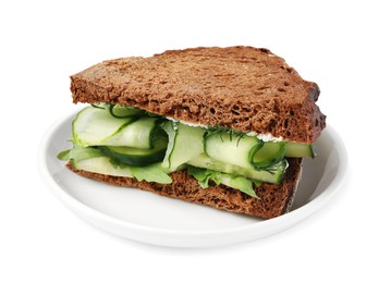 Photo of Tasty sandwich with cream cheese, cucumber and greens on white background