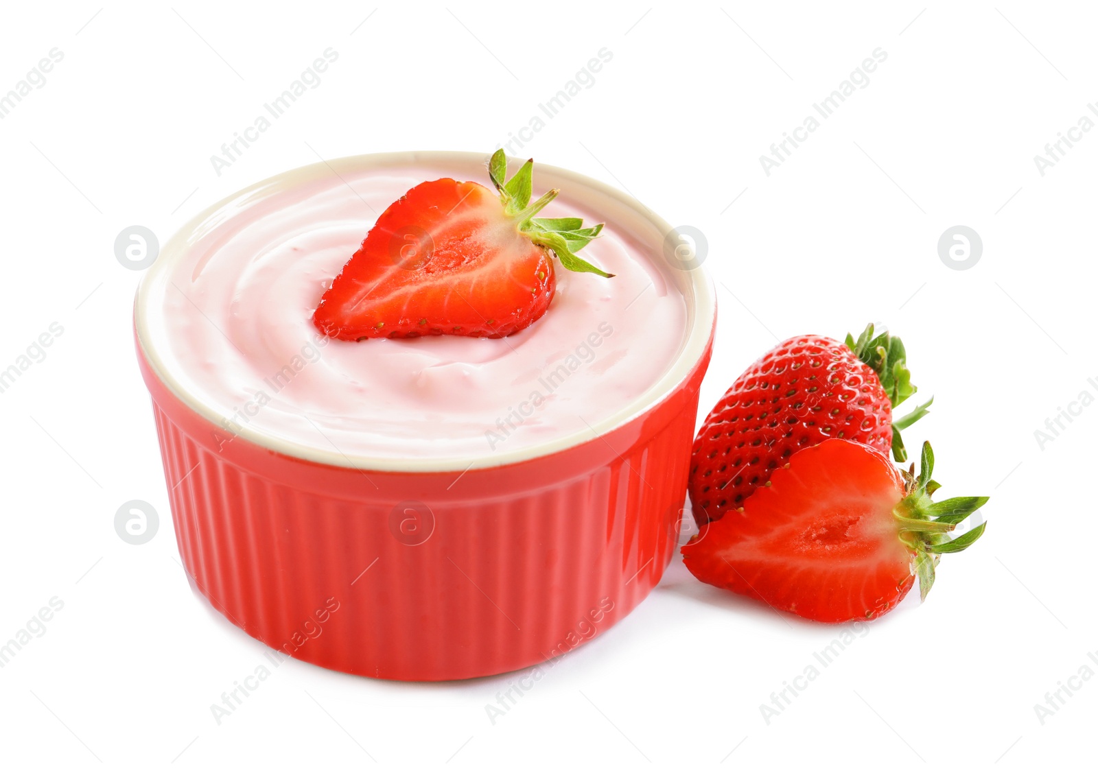 Photo of Bowl with tasty yogurt and strawberries on white background