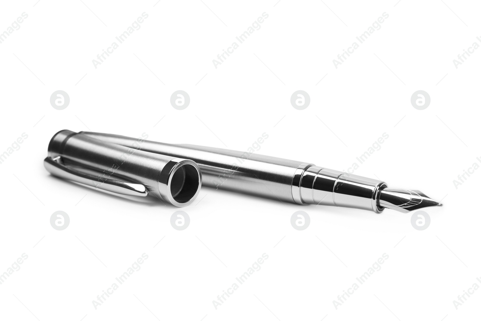 Photo of Stylish silver fountain pen isolated on white