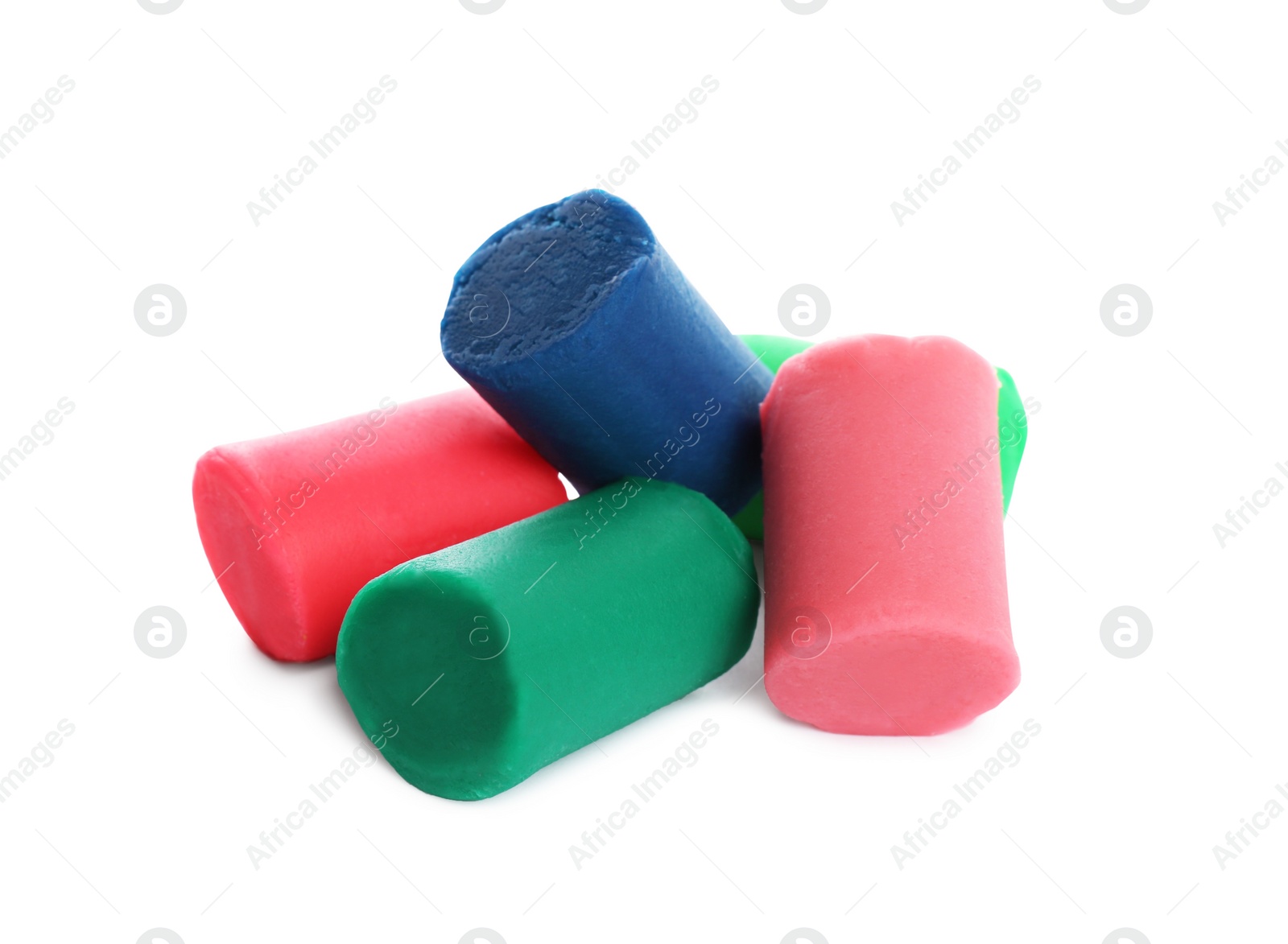 Photo of Different colorful play dough on white background