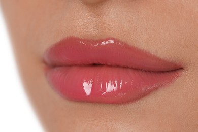 Photo of Beautiful woman with perfect lips, closeup. Permanent makeup