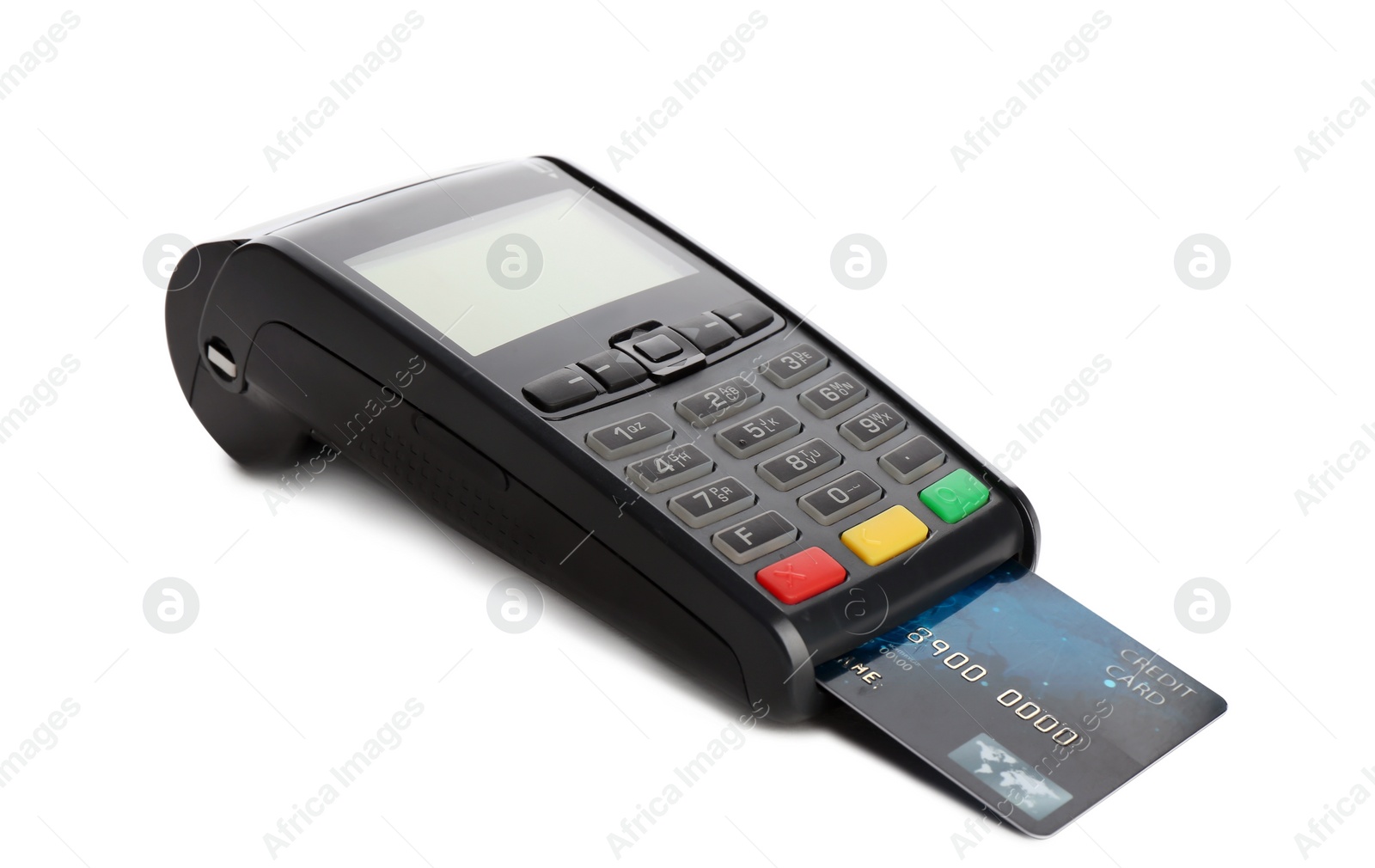 Photo of Modern payment terminal with credit card on white background. Space for text