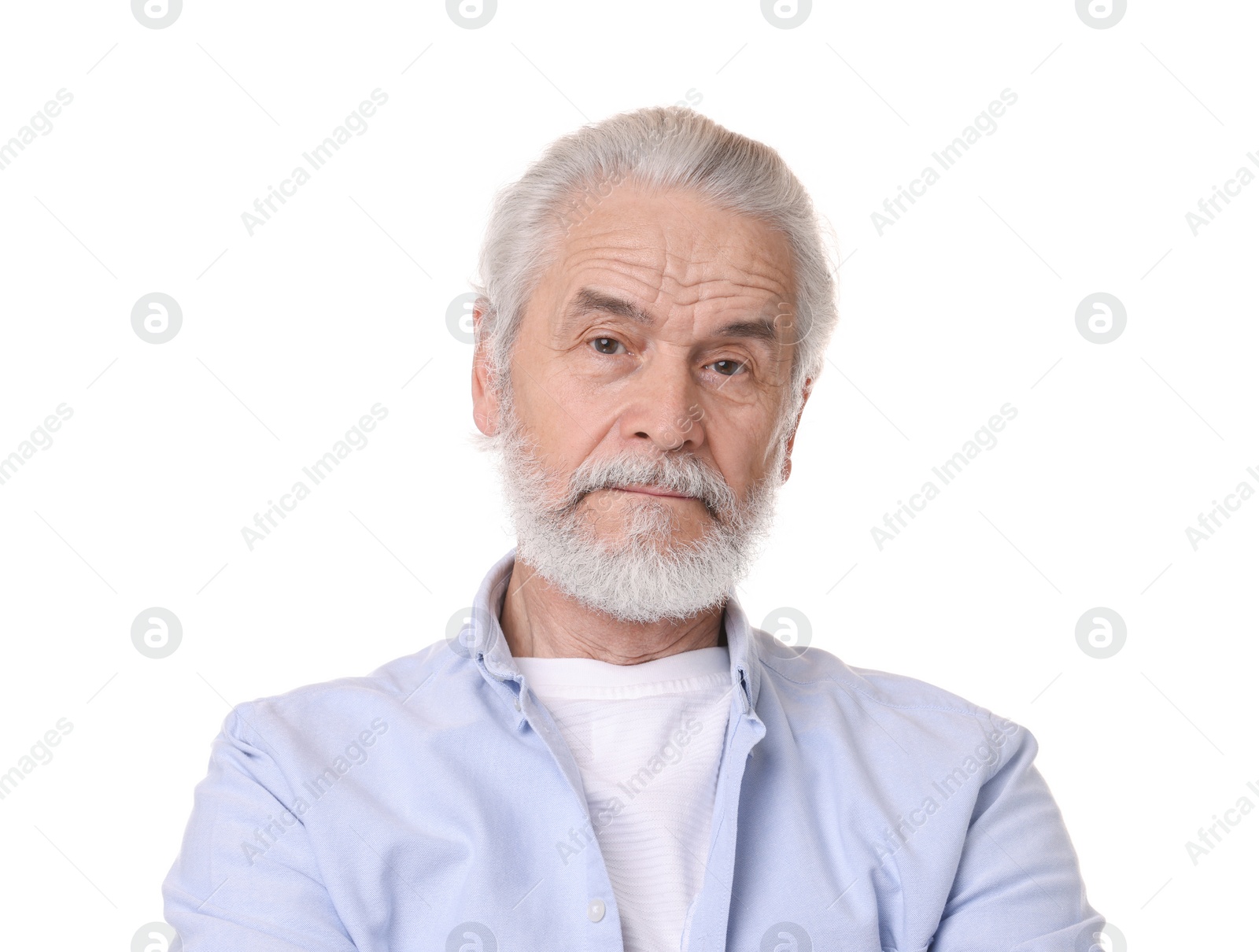 Photo of Portrait of stylish grandpa on white background