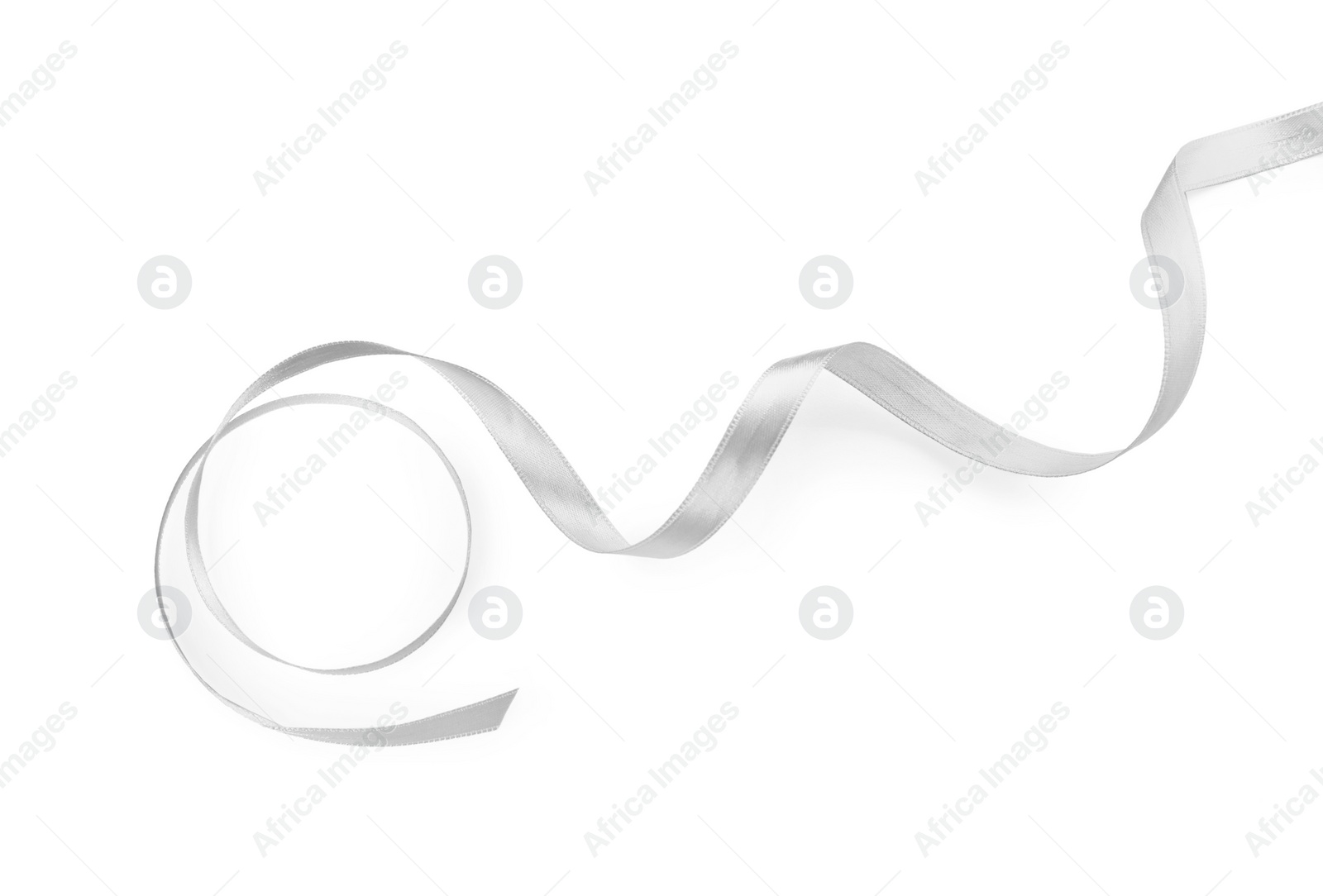 Photo of Silver satin ribbon on white background, top view