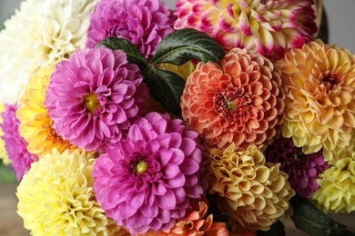 Photo of Bouquet of beautiful dahlia flowers, closeup view