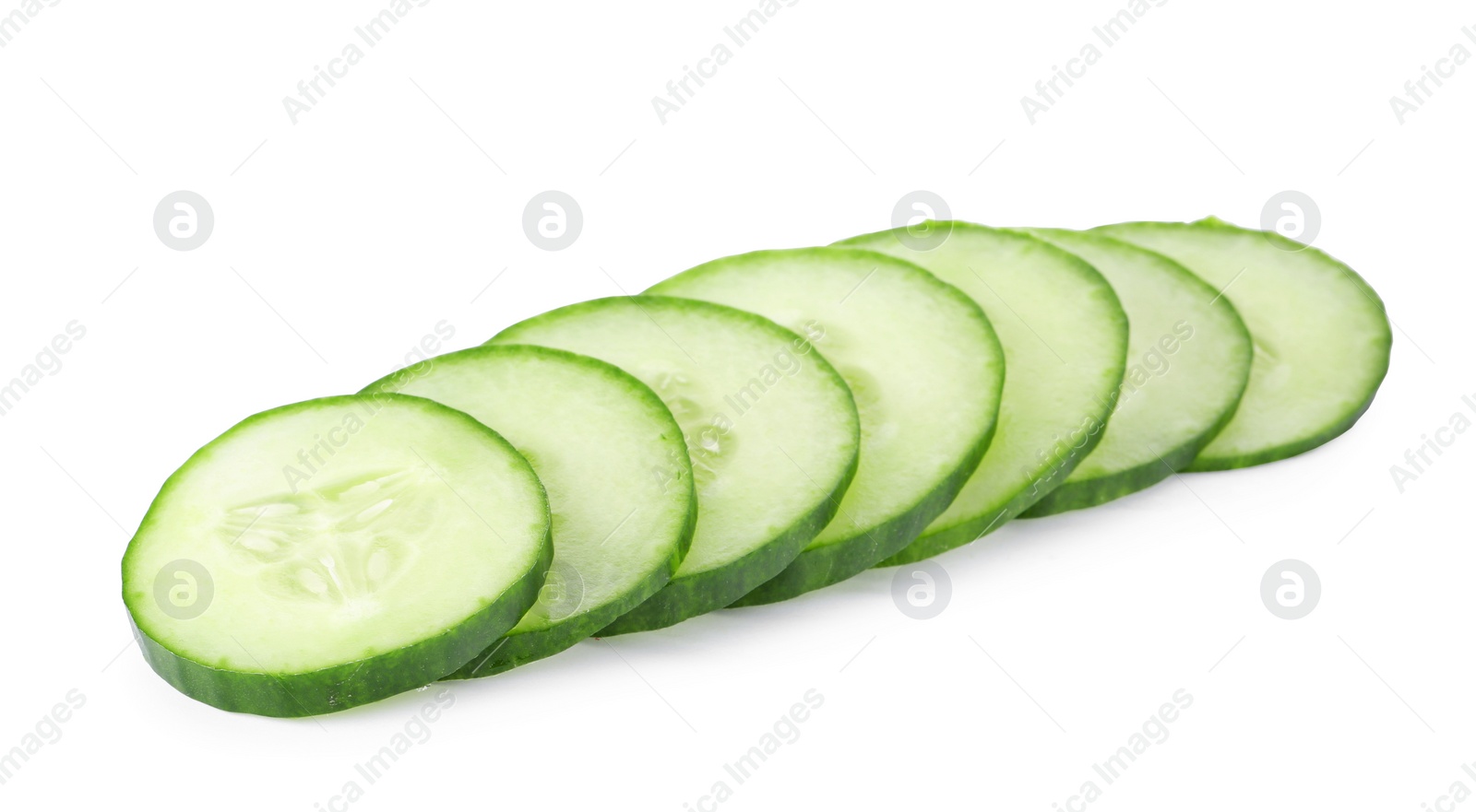 Photo of Slices of fresh cucumber on white background