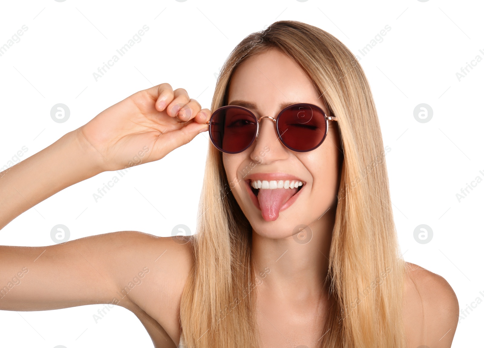 Photo of Beautiful woman in stylish sunglasses on white background