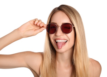 Photo of Beautiful woman in stylish sunglasses on white background