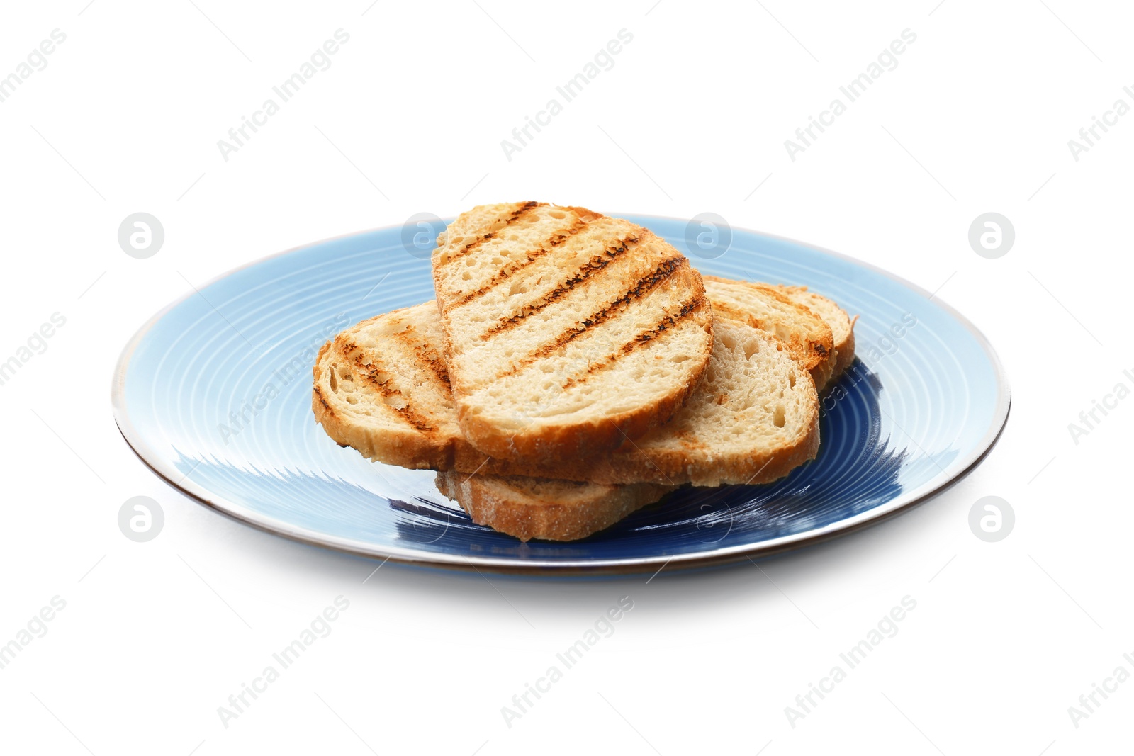 Photo of Plate with toasted bread on white background